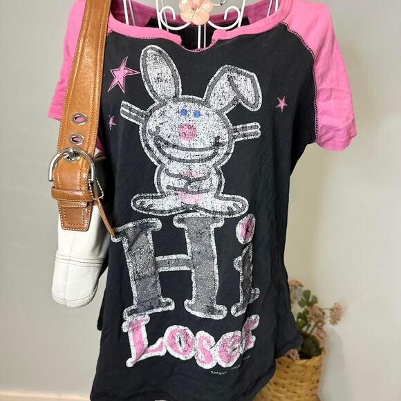Vintage y2k happy bunny sparkly pink & black graphic ‘hi loser’ top - Picture 3 of 8